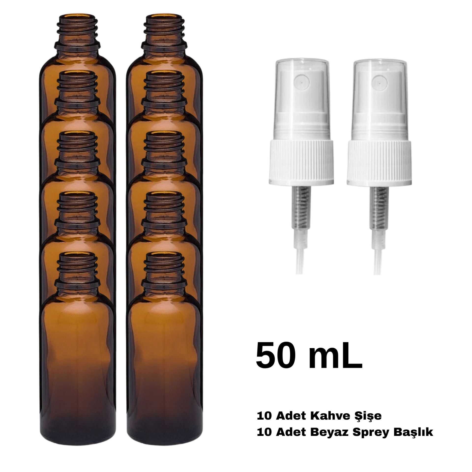 Cam Amber Sprey Şişe 50 ml - Beyaz Sprey Başlık 10 Adet