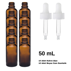 Cam Damlalıklı Ecza Şişe 50 ml Kahve - Beyaz Kilitli 18mm Kapak 10 Adet