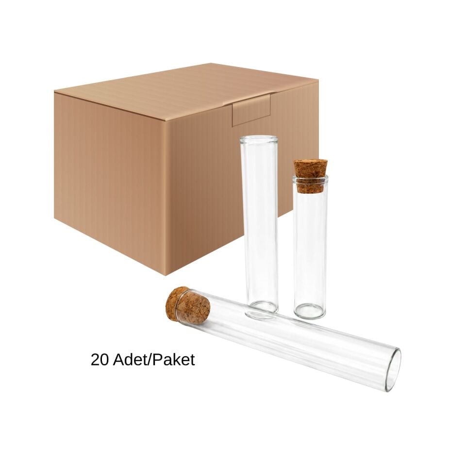 Cam Deney Tüpü 80X20 mm - Dibi Düz 20 ml Mantar Tıpalı 20 Adet
