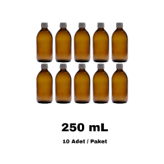 Cam Ecza Şişe 250 ml Amber - Beyaz Kilitli 28 mm Kapak 10 Adet