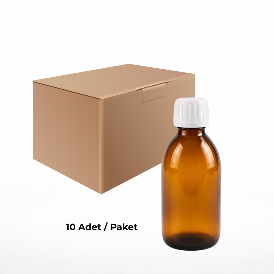 Cam Ecza Şişe 300 ml Amber - Beyaz Kilitli 28 mm Kapak 10 Adet