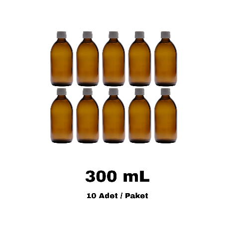 Cam Ecza Şişe 300 ml Amber - Beyaz Kilitli 28 mm Kapak 10 Adet