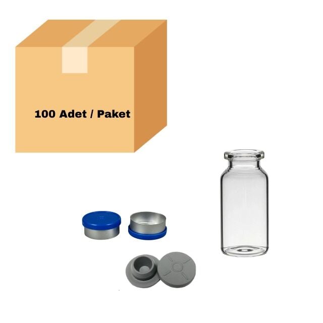 Cam Şeffaf Şişe 10 ml - Dibi Düz  ND20 Crimp Kapaklı Tıpalı Vial 100 Adet