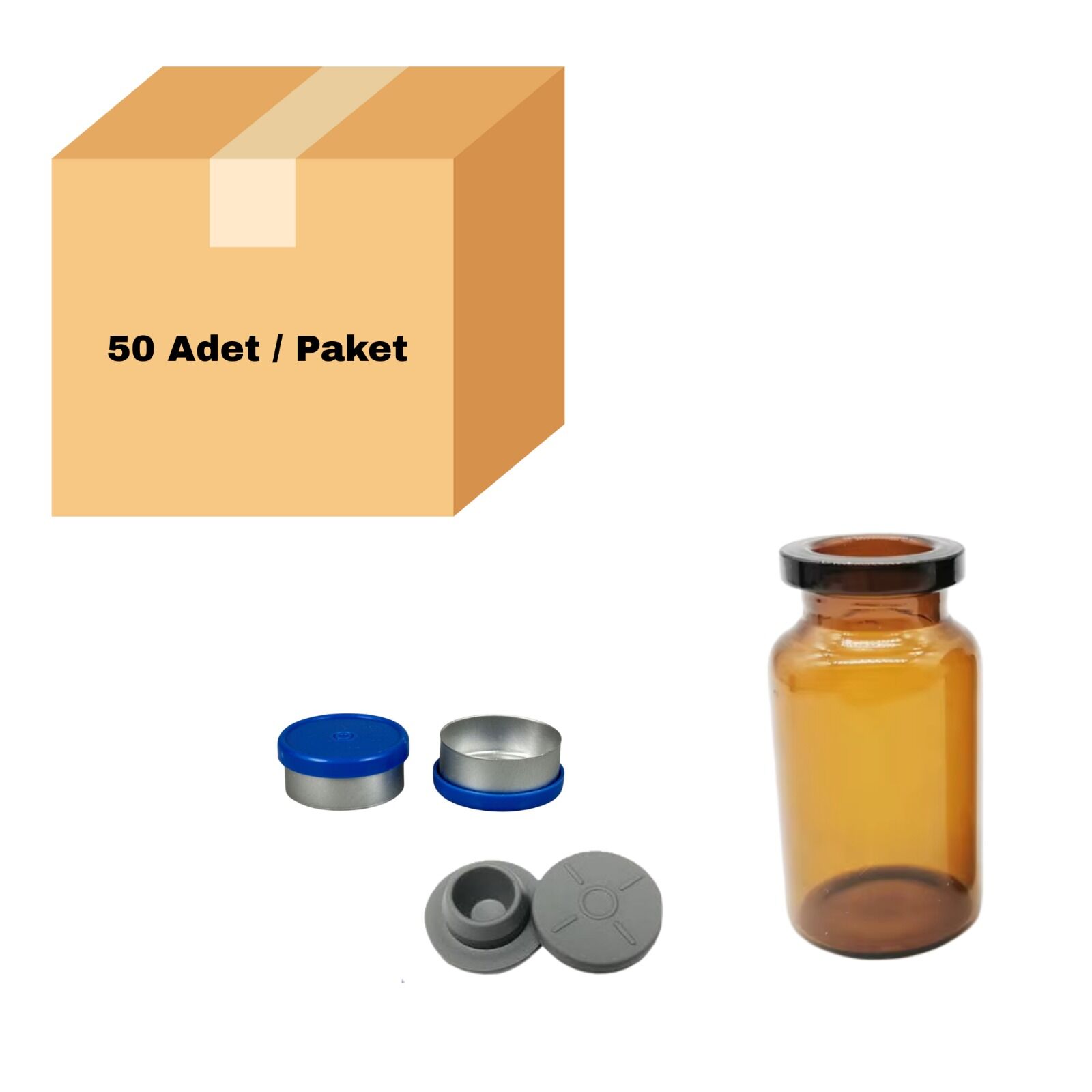 Cam Amber Şişe 10 ml - Dibi Düz  ND20 Crimp Kapaklı Tıpalı Vial 50 Adet
