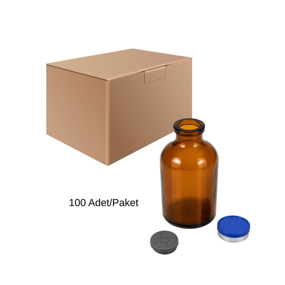 Cam Amber Şişe 50 ml - Kapaklı Tıpalı Flakon Şişe - 100 Adet