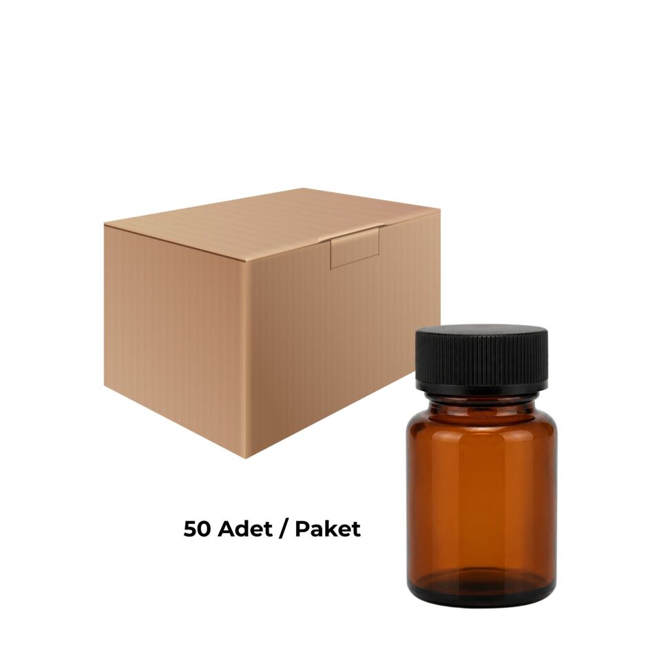 Cam Amber Şişe Geniş Ağız 50 ml - Siyah Kapaklı Tablet Şişe 50 Adet
