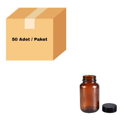 Cam Amber Şişe Geniş Ağız 75 ml - Siyah Kapaklı Tablet Şişe 50 Adet *