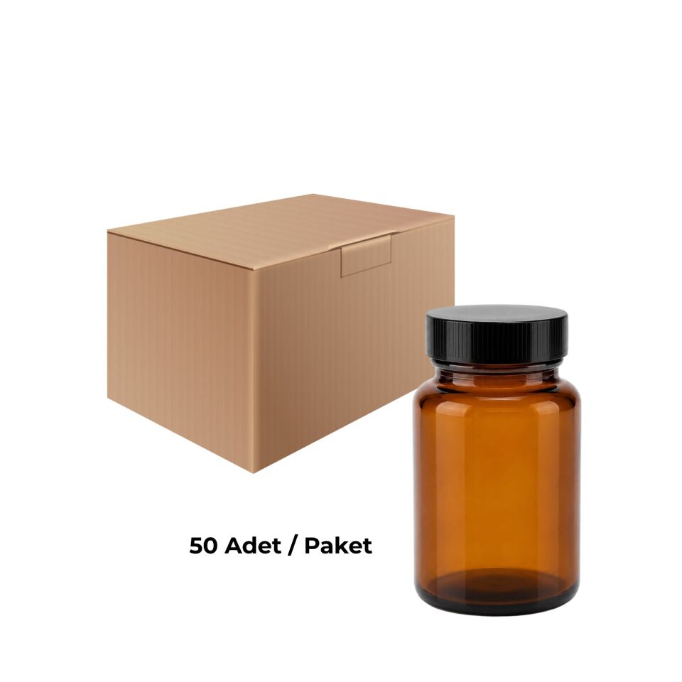 Cam Amber Şişe Geniş Ağız 120 ml - Siyah Kapaklı Tablet Şişe 50 Adet