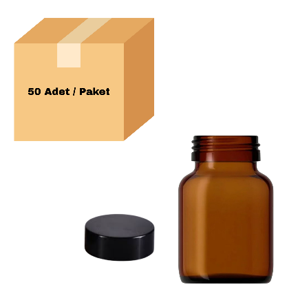 Cam Amber Şişe Geniş Ağız 200 ml - Siyah Kapaklı Tablet Şişe 50 Adet
