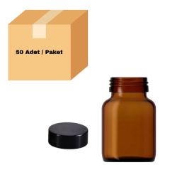 Cam Amber Şişe Geniş Ağız 200 ml - Siyah Kapaklı Tablet Şişe 50 Adet
