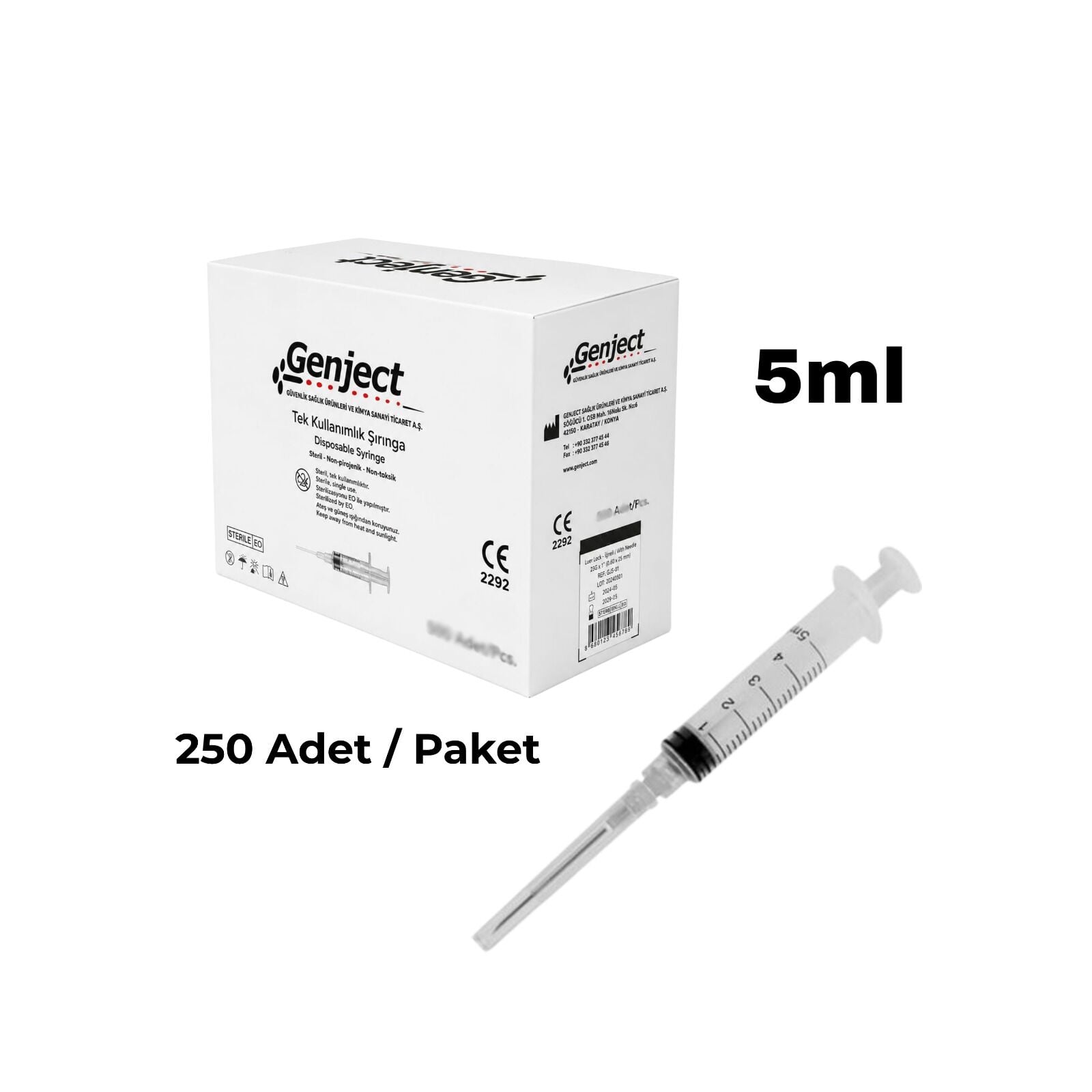 Steril Enjektör 5 cc 3 Parça 250 Adet - Tek Kullanımlık Luer Slip Şırınga